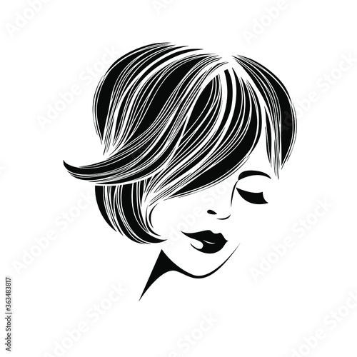 Hair salon and beauty studio illustration.Beautiful woman portrait with short haircut, modern hairstyle and elegant makeup.Face silhouette.Cosmetics and spa.Elegant style young lady.Smiling person.
