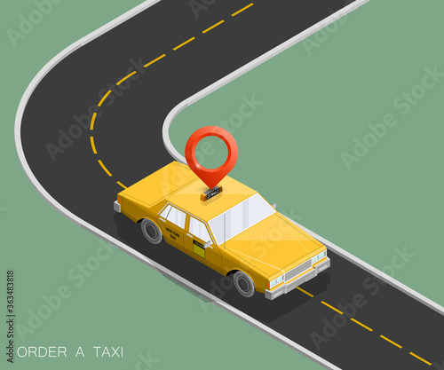 Yellow taxi cab banner isometric. Online navigation application order taxi service. Isometry car isometric route banner. 3D taxi classic vehicle itinerary road. Get a taxi online phone application