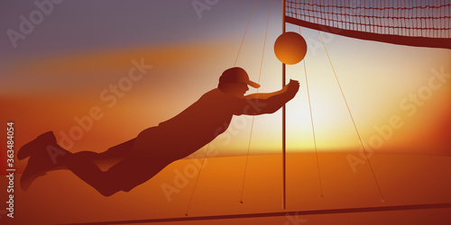 Concept des vacances d’été et des loisirs de plein air avec un homme qui joue au beach-volley sur la plage en renvoyant le ballon par dessus le filet.