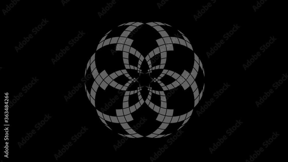 Graphic object in the shape of a crown, in black and white with stroboscopic and hypnotic effect, which rotates clockwise, decreasing the size from the full screen to the disappearance in the center. Graphic object in the shape of a crown, in black and white with stroboscopic and hypnotic effect, which rotates clockwise, decreasing the size from the full screen to the disappearance in the center.
