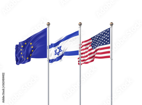 Isolated on white. Three realistic flags of European Union, USA (United States of America) and Israel. 3d illustration.