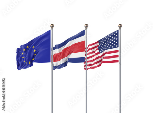 Isolated on white. Three realistic flags of European Union, USA (United States of America) and Costa Rica. 3d illustration.