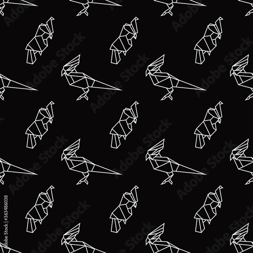 pattern with abstract parrots, black and white, origami