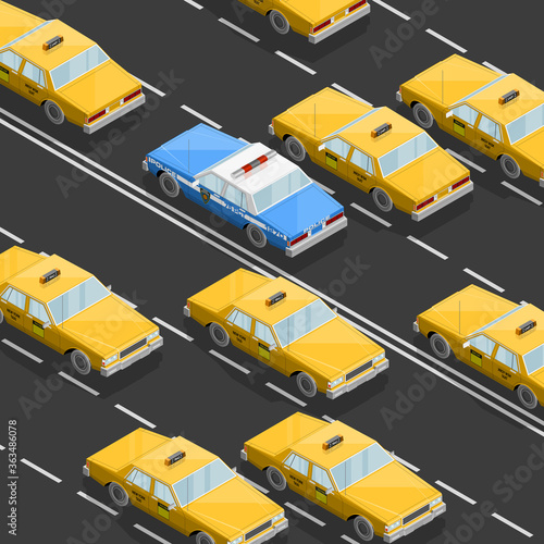 Flat 3D isometric yellow taxi cab model. City transport car traffic road. Sedan taxi motor car. Urban classic motor vehicle. Auto infographic traffic route. 3d isometric automobile street