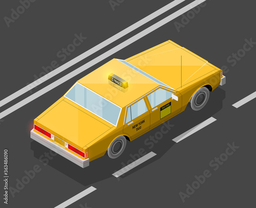 Flat 3D isometric yellow taxi cab model. City transport car road. Sedan taxi motor car. Urban classic motor vehicle. Quality auto infographics route. Flat isometric automobile street icon set