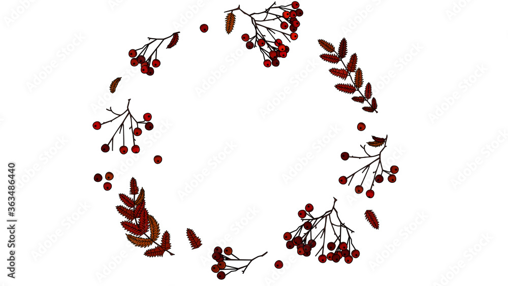 Beautiful autumnal rowanberries with autumn-coloured leaves put together in a circle