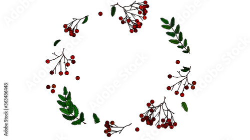Beautiful autumnal rowanberries with green leaves put together in a circle