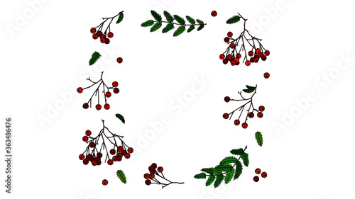 Beautiful autumnal rowanberries with green leaves put together in a rectangle