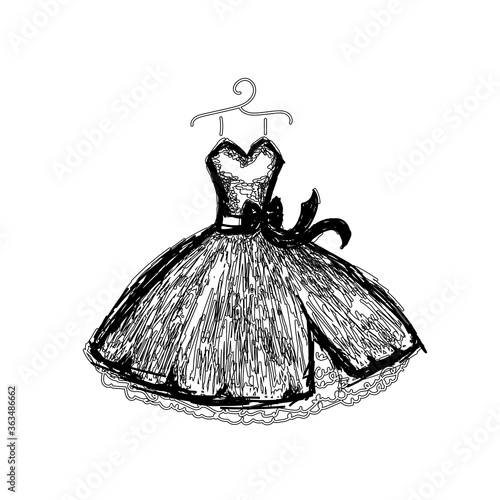 Beautiful evening dress with linesdress. Dress on a hanger. Outline of clothes. Vector illustration.