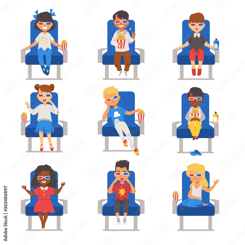 Set of kids watching movie with 3d glasses flat vector illustration isolated.