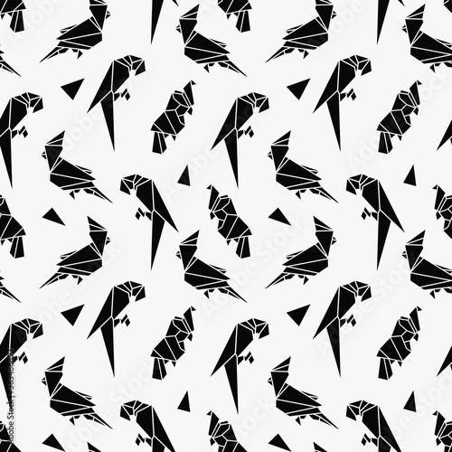 pattern with abstract parrots, black and white, origami