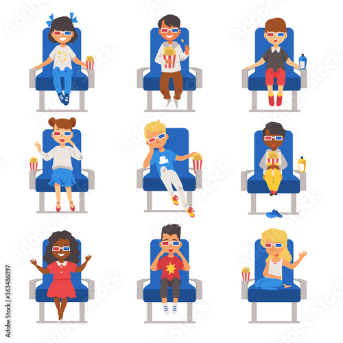 Set of kids watching movie with 3d glasses flat vector illustration isolated.