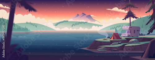 Summer night landscape with mountain lake view and camping.