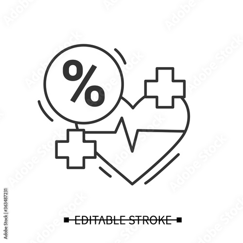 Heartbeat icon. Cardio rhythm sign with sale linear pictogram. Concept of health checkup discount, affordable healthcare and insurance plan special offer. Editable stroke vector illustration