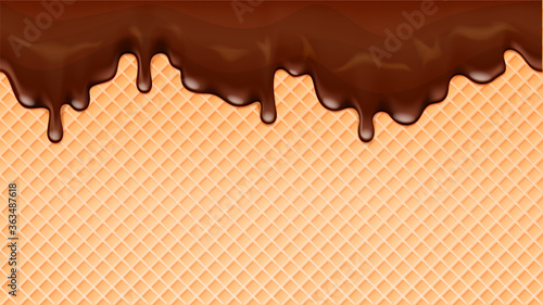 Dripping melting chocolate ice cream and wafer background. Vector illustration.