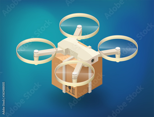 Drone delivery concept illustration. Quadcopter flying isolated carrying a package to customer. 3d isometric icon