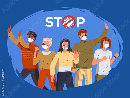 Mix race people protesting against coronavirus isolated at blue background. People in medical masks call to stay at home, show stop gesture and protesting against covid-19. Crossed out sign with virus