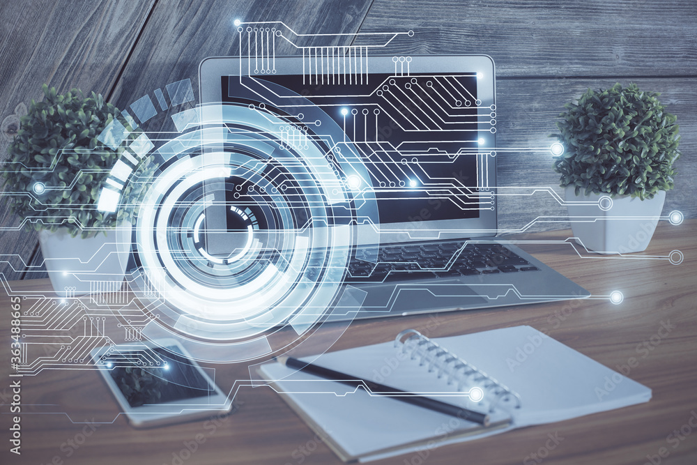 Double exposure of computer and technology theme hud. Concept of innovation. Double exposure of computer and technology theme hud. Concept of innovation.
