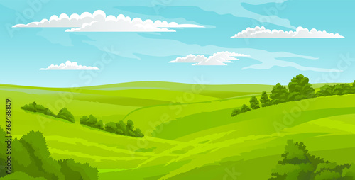 Beautiful landscape, scene with green lawn and bushes, sky with clouds. Summer time, nobody. Greenery of summer. Summer scenery, horizontal view of rural scene. Calm nature, hot weather, morning