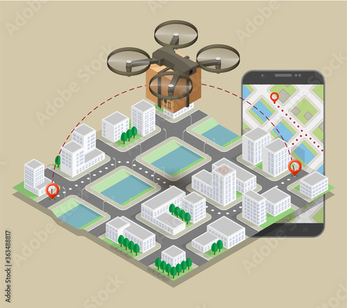 Drone delivery above the flat city with phone concept 3d illustration. Quadcopter flying over a town and smartphone carrying a package to customer. 3d isometric icon