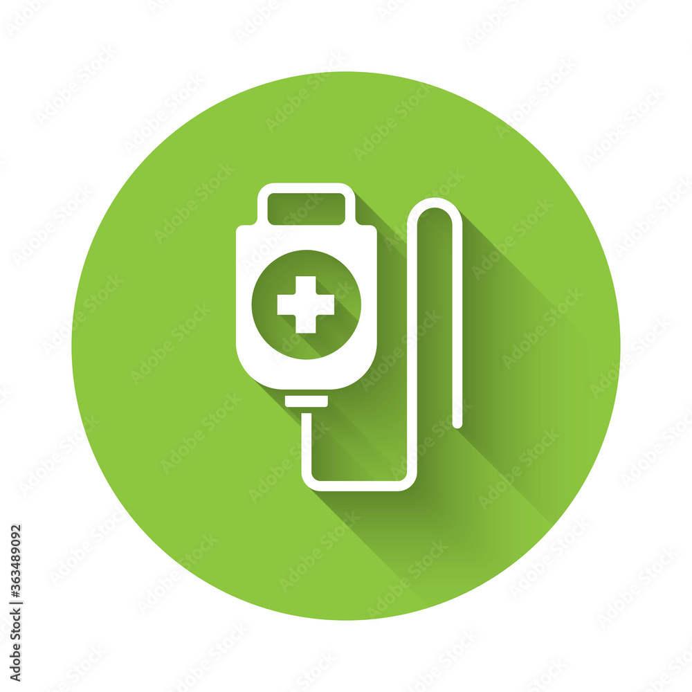 White IV bag icon isolated with long shadow. Blood bag. Donate blood concept. The concept of treatment and therapy, chemotherapy. Green circle button. Vector Illustration. White IV bag icon isolated with long shadow. Blood bag. Donate blood concept. The concept of treatment and therapy, chemotherapy. Green circle button. Vector Illustration.