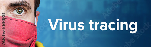 Virus tracing (Coronavirus). Man wearing face mask (Respirator). Blue background with people. Corona, disease, medicine, health, virus photo