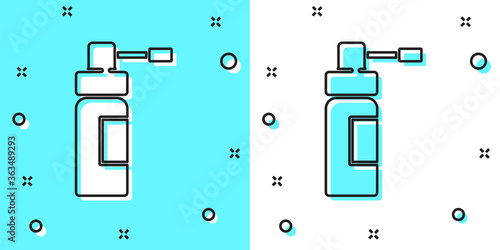 Black line Medical bottle with nozzle spray for the treatment of diseases of the nose and throat icon isolated on green and white background. Random dynamic shapes. Vector Illustration.