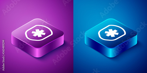 Isometric Medical shield with cross icon isolated on blue and purple background. Protection, safety, password security. Square button. Vector Illustration.