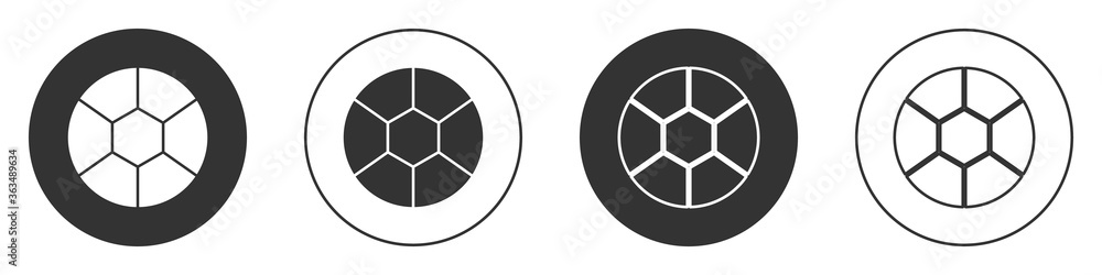Black Football ball icon isolated on white background. Soccer ball. Sport equipment. Circle button. Vector Illustration. Black Football ball icon isolated on white background. Soccer ball. Sport equipment. Circle button. Vector Illustration.
