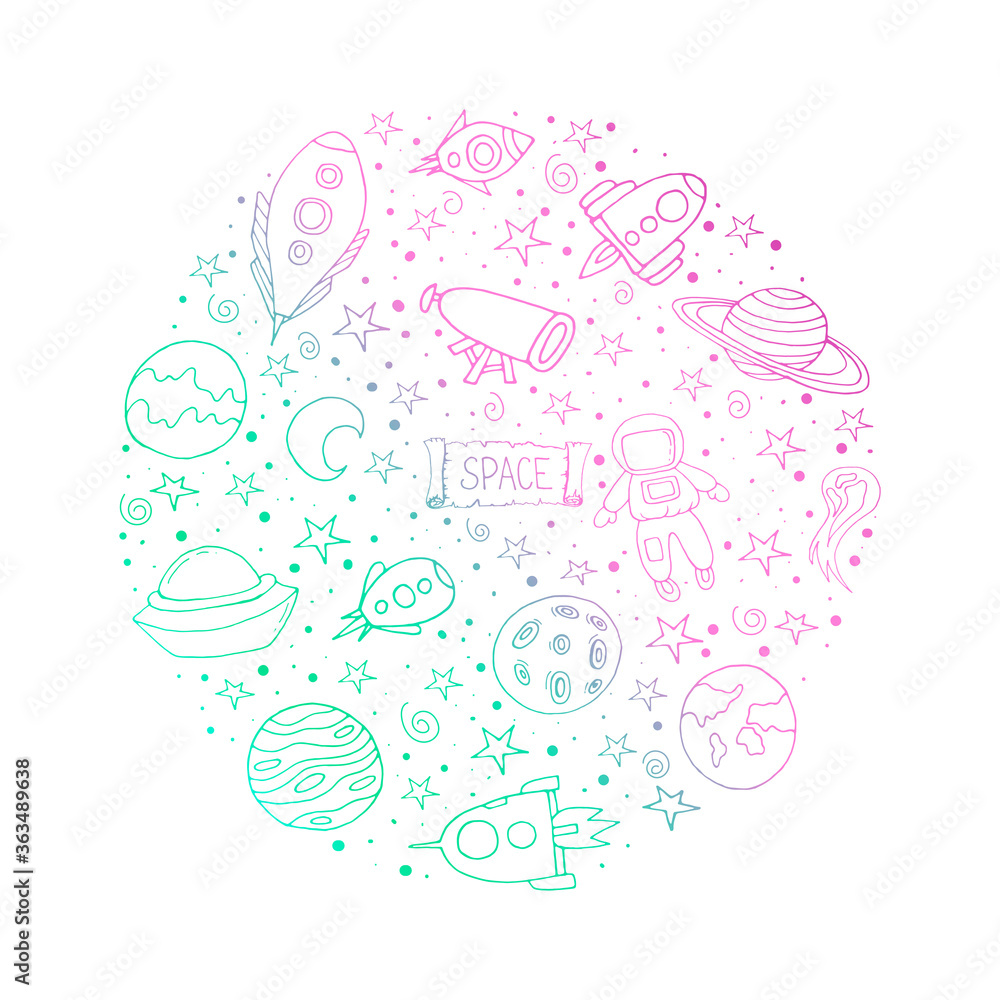 Set with spaceships, planets, and stars.  Isolated elements for scientific posters. Space.Doodle style. Vector isolated illustration with spaceships, rockets, Mars, Earth, stars on a white background.