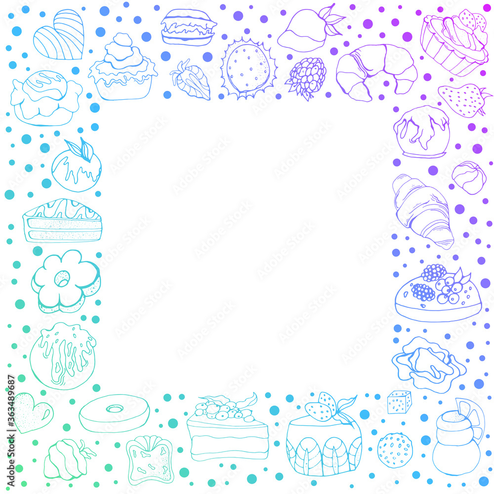 Set of sweets. Vector isolated illustration with cakes, cupcakes, sweets. Design of ads, websites, and banners. An isolated element. Doodle style. Cakes, cupcakes