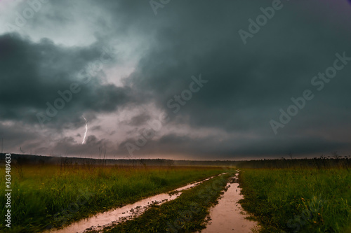 Night thunderstorm in fields of Central Russia 