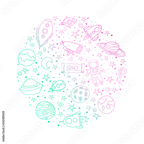 Set with spaceships, planets, and stars. Isolated elements for scientific posters. Space.Doodle style. Vector isolated illustration with spaceships, rockets, Mars, Earth, stars on a white background.