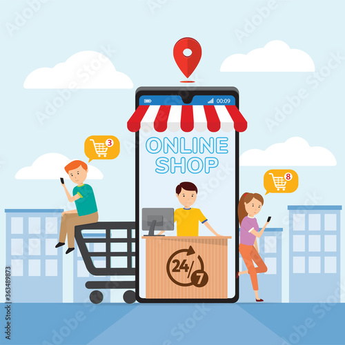Mobile application for shopping, Online supermaket, Smartphone with shopping app.