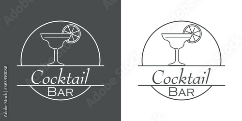 Concepto vida nocturna. Logo lineal con texto Cocktail Bar en círculo con cocktail margarita en fondo gris y fondo blanco