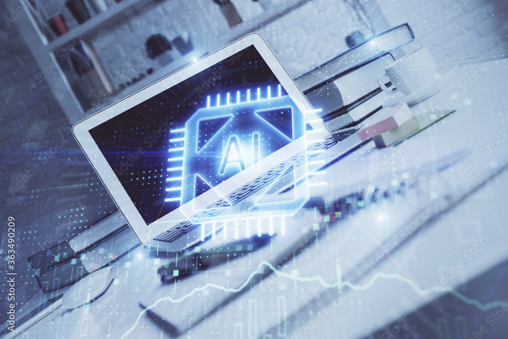 Fototapeta premium Technology theme drawing and work space with computer. Double exposure. Concept of innovation.