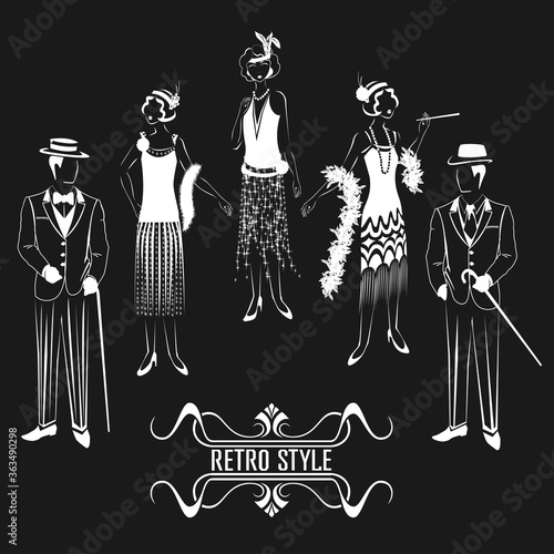 Silhouette of men and women in retro style. 1920 year. Set of vector illustrations on a black background.