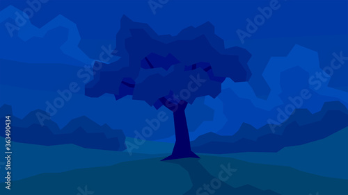 vector illustration  abstract polygon night landscape  lonely tree  plain  field  cloud  forest