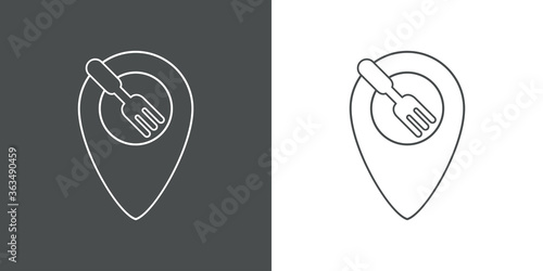 Concepto restaurante. Icono plano lineal tenedor en puntero en fondo gris y fondo blanco