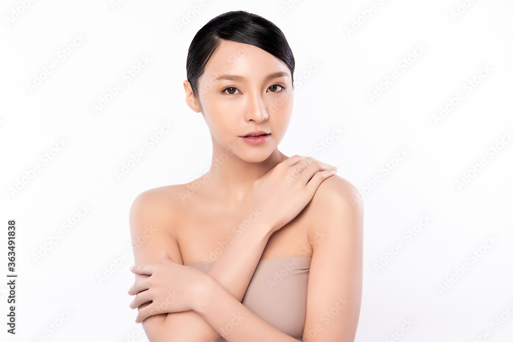 Beautiful Young Asian Woman touching her body with fresh Healthy Skin, isolated on white background, Beauty Cosmetics and Facial treatment Concept. Beautiful Young Asian Woman touching her body with fresh Healthy Skin, isolated on white background, Beauty Cosmetics and Facial treatment Concept.