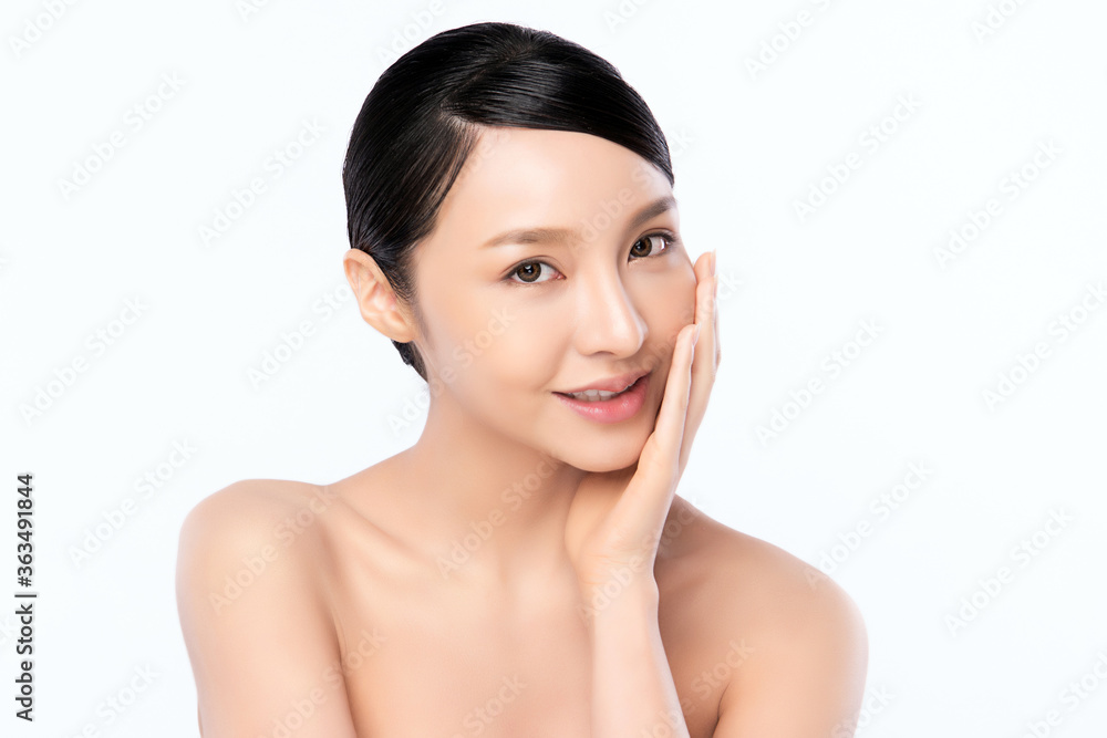 Beauty face. Smiling asian woman touching healthy skin portrait. Beautiful happy girl model with fresh glowing hydrated facial skin and natural makeup on white background, Beauty face. Smiling asian woman touching healthy skin portrait. Beautiful happy girl model with fresh glowing hydrated facial skin and natural makeup on white background,