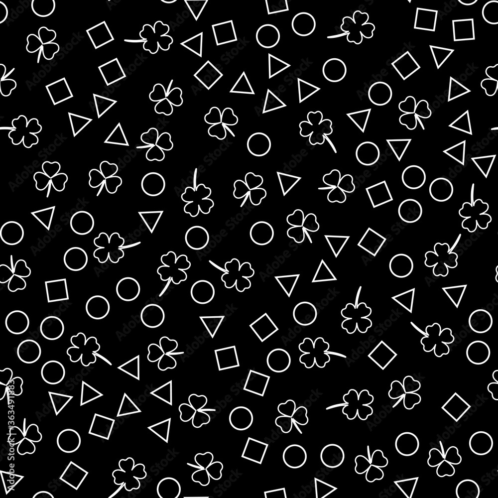 Seamless pattern on a black background. Clover and geometric shapes. Design for fabric, packaging, papers. Vector illustration Seamless pattern on a black background. Clover and geometric shapes. Design for fabric, packaging, papers. Vector illustration