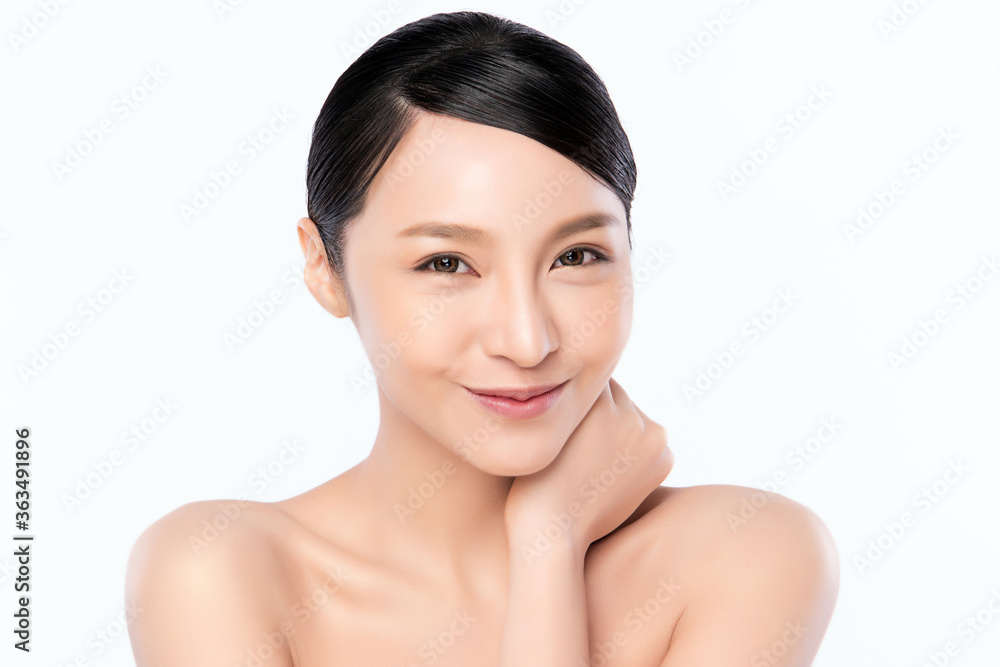 close up Beautiful Young asian Woman touching her clean face with fresh Healthy Skin, isolated on white background, Beauty Cosmetics and Facial treatment Concept