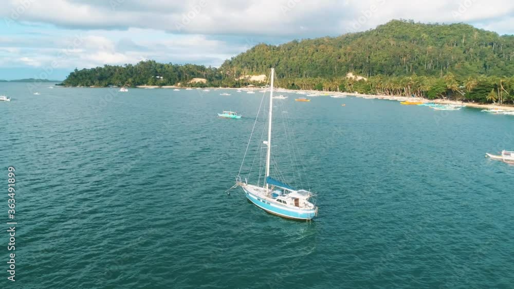 Aerial view of island with tropical sandy beach and palm trees. Tourist boats on coast tropical island. Summer and travel vacation concept. Palawan, Philippines. Aerial view of island with tropical sandy beach and palm trees. Tourist boats on coast tropical island. Summer and travel vacation concept. Palawan, Philippines.