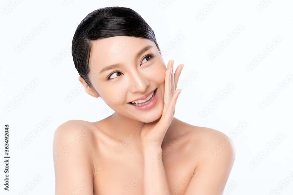 close up Beautiful Young asian Woman touching her clean face with fresh Healthy Skin, isolated on white background, Beauty Cosmetics and Facial treatment Concept close up Beautiful Young asian Woman touching her clean face with fresh Healthy Skin, isolated on white background, Beauty Cosmetics and Facial treatment Concept