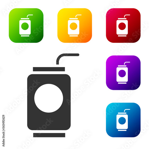 Black Soda can with drinking straw icon isolated on white background. Set icons in color square buttons. Vector Illustration.