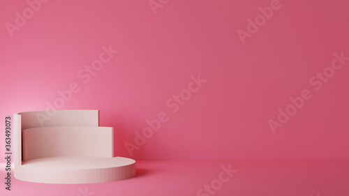 unique yellow pastel Cylindrical podium  on a pinnk background. Backdrop design for product promotion. 3d rendering