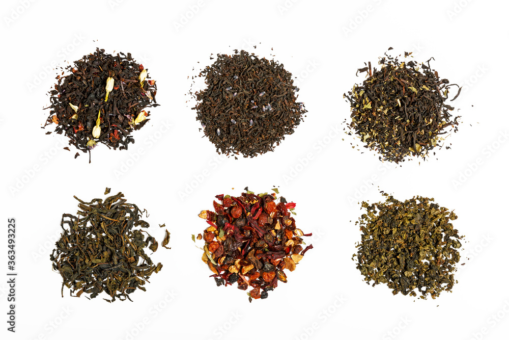 Fototapeta premium different types of tea scattered on a light gray background. tea shop concept. Isolate tea for designers. top view.