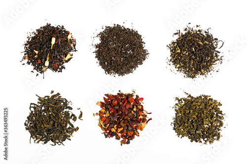 different types of tea scattered on a light gray background. tea shop concept. Isolate tea for designers. top view.