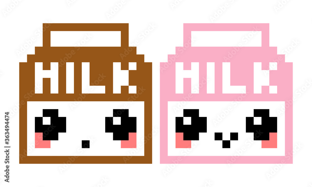Doodle milk pattern. Pixel cute milk, chocolate and strawberry taste. Food in Vector Illustration of pixel art.